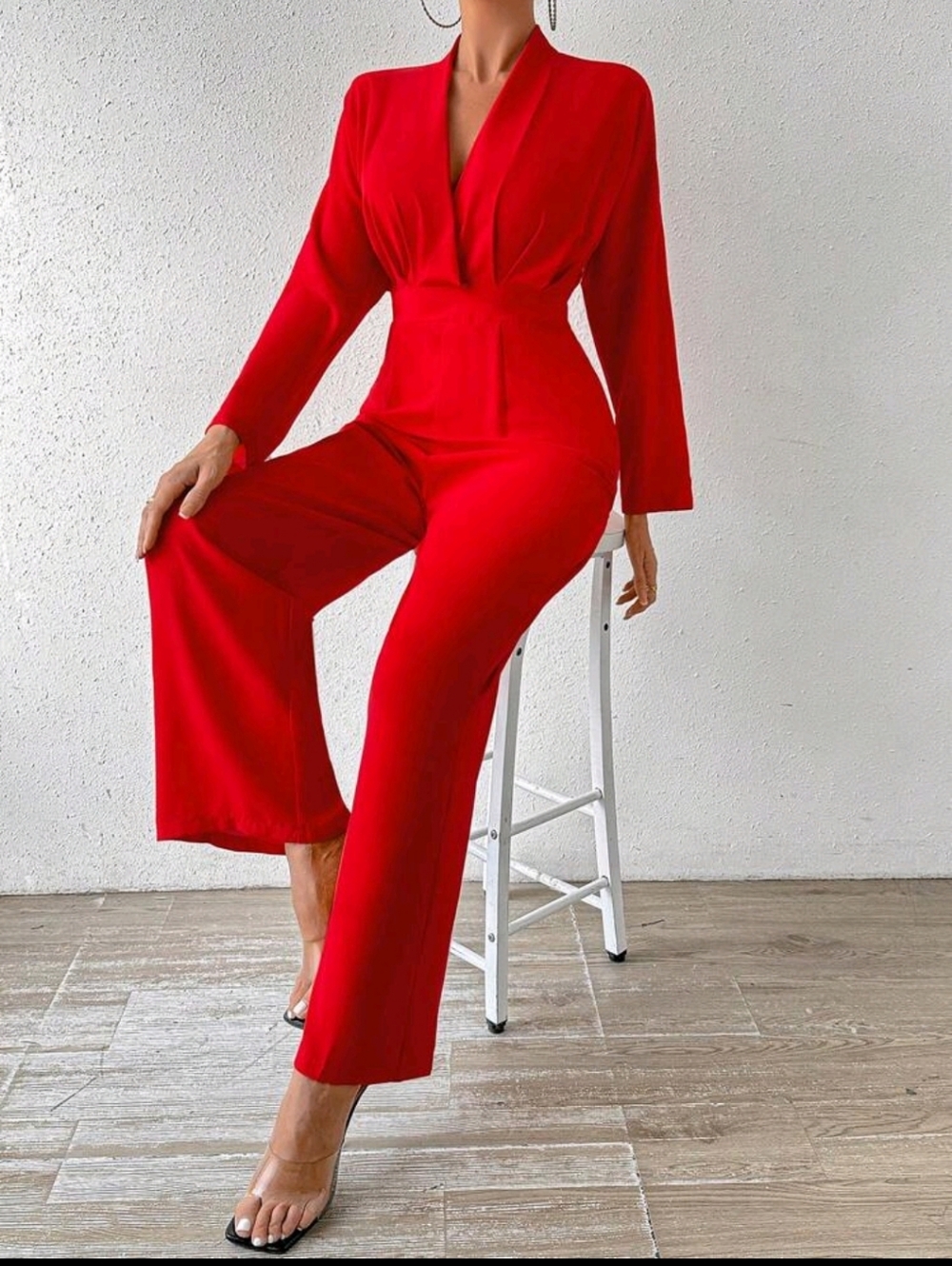 Red Long-Sleeve Wide-Leg V-Neck Jumpsuit
